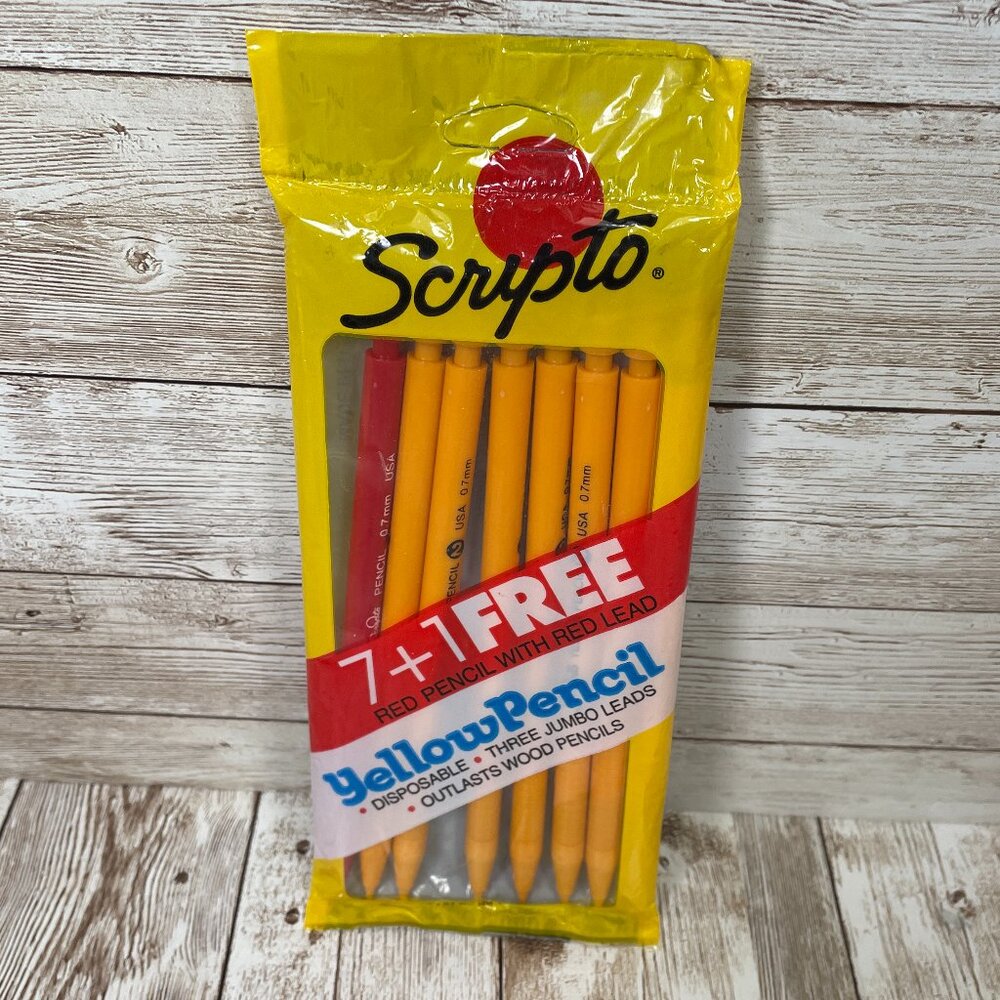 Vintage SCRIPTO Mechanical Pencils 7 Yellow Pencils 1 Red With Red Lead 1987 USA